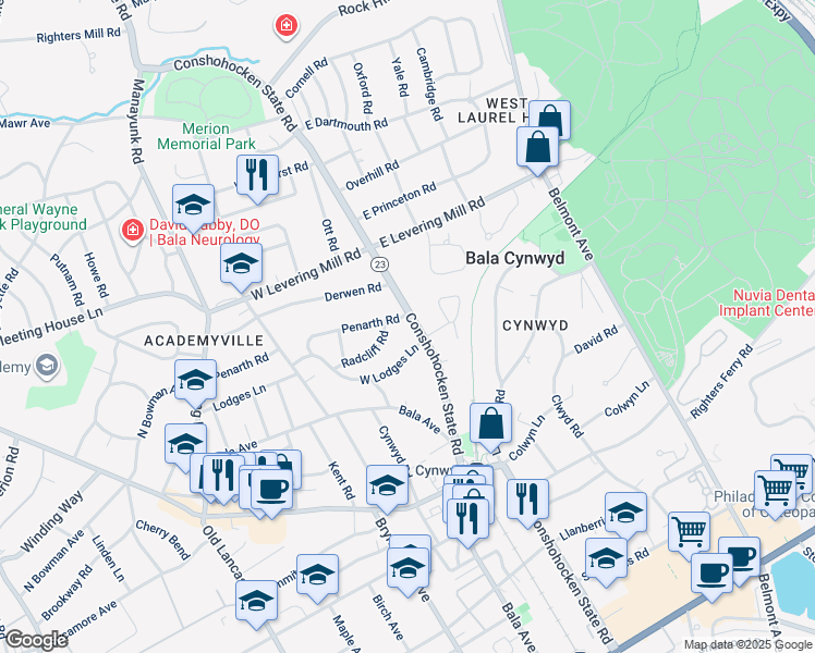 map of restaurants, bars, coffee shops, grocery stores, and more near 452 Conshohocken State Road in Bala Cynwyd