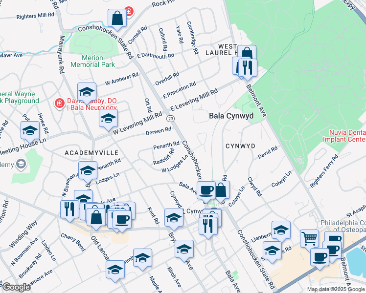 map of restaurants, bars, coffee shops, grocery stores, and more near 452 Conshohocken State Road in Bala Cynwyd