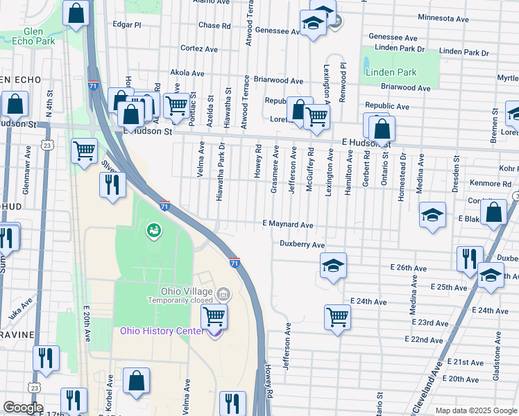 map of restaurants, bars, coffee shops, grocery stores, and more near 2248 Howey Road in Columbus