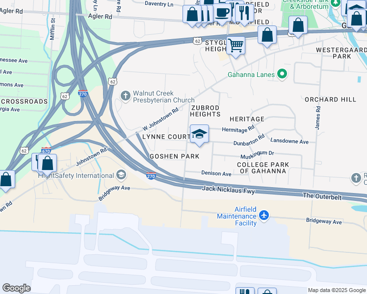 map of restaurants, bars, coffee shops, grocery stores, and more near 367 Goshen Lane in Columbus