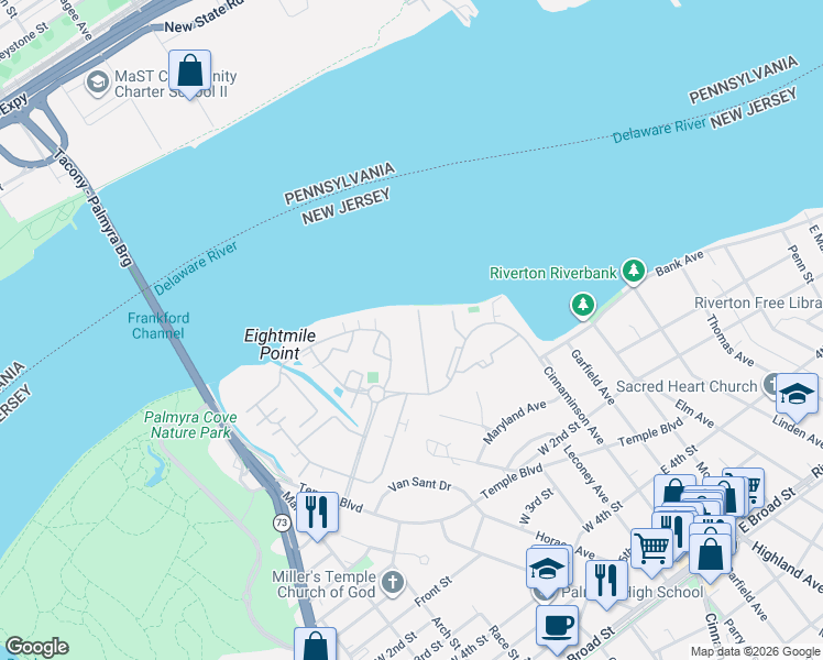 map of restaurants, bars, coffee shops, grocery stores, and more near 2117 Harbour Drive in Palmyra