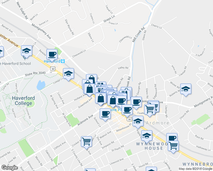 map of restaurants, bars, coffee shops, grocery stores, and more near 76 Valley Road in Ardmore