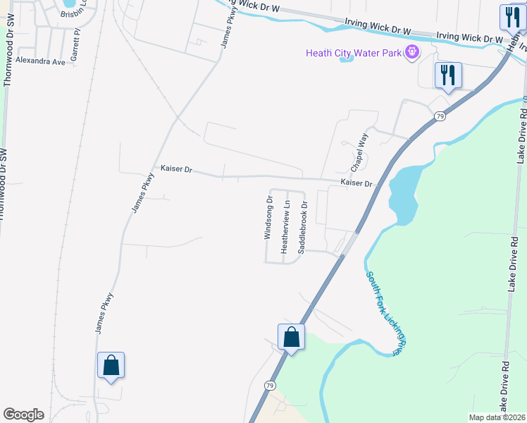 map of restaurants, bars, coffee shops, grocery stores, and more near 1537 Windsong Drive in Heath
