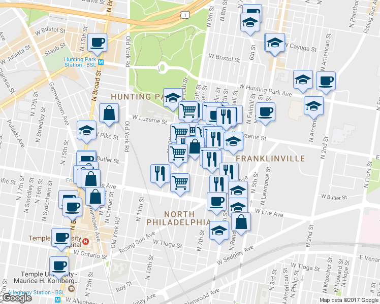 map of restaurants, bars, coffee shops, grocery stores, and more near 3845 North 9th Street in Philadelphia