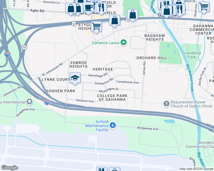 map of restaurants, bars, coffee shops, grocery stores, and more near 352 Albion Way in Gahanna