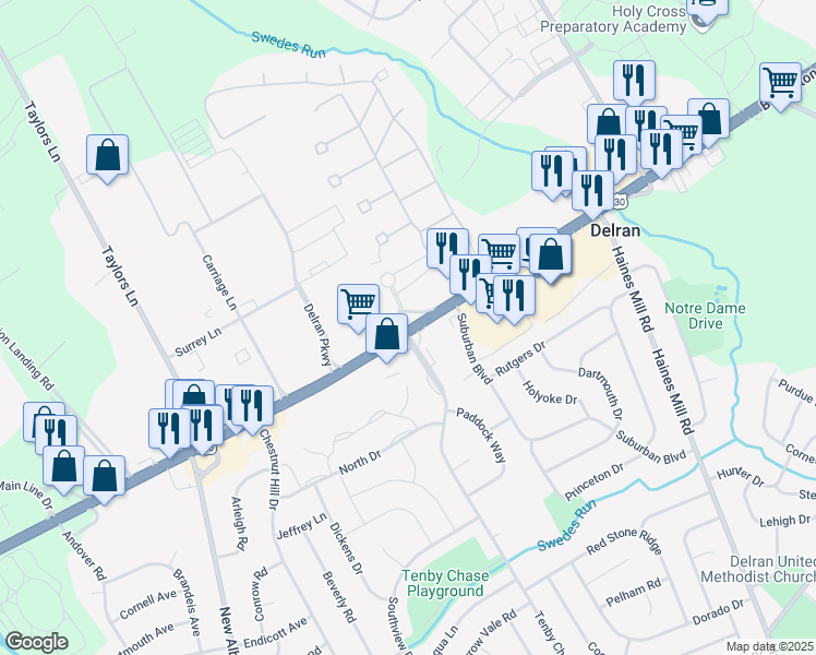 map of restaurants, bars, coffee shops, grocery stores, and more near 3003 Burlington Pike in Delran