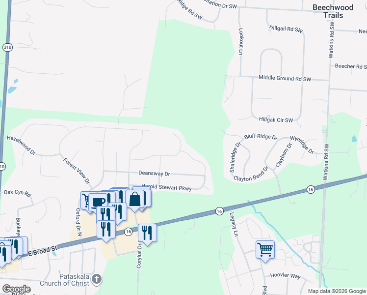 map of restaurants, bars, coffee shops, grocery stores, and more near 924 Burtwood Road in Pataskala