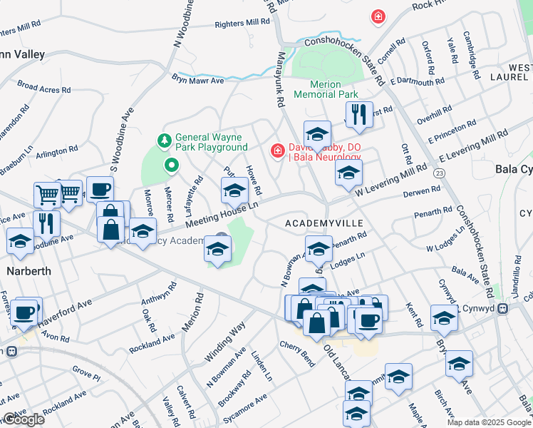 map of restaurants, bars, coffee shops, grocery stores, and more near 239 Winding Way in Merion Station