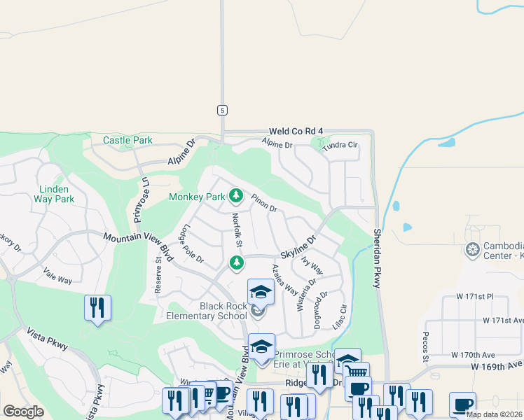 map of restaurants, bars, coffee shops, grocery stores, and more near 2172 Pinon Drive in Erie