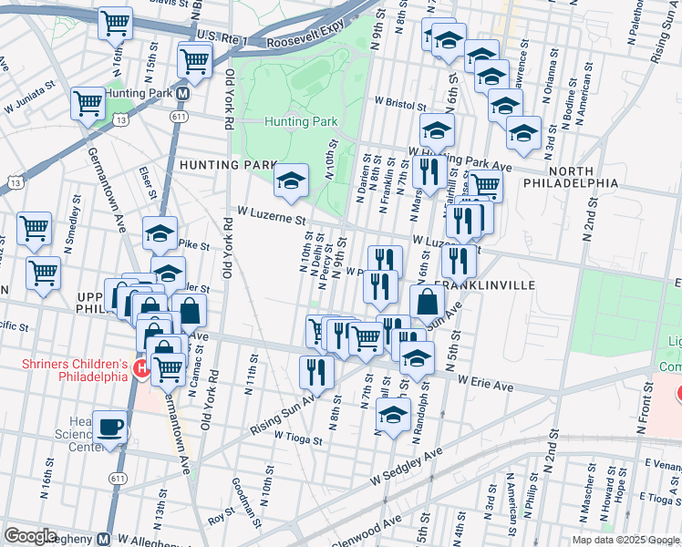 map of restaurants, bars, coffee shops, grocery stores, and more near 3845 North 9th Street in Philadelphia