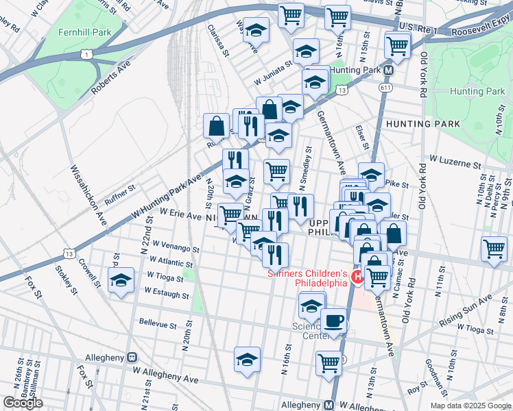 map of restaurants, bars, coffee shops, grocery stores, and more near 3738 North 18th Street in Philadelphia