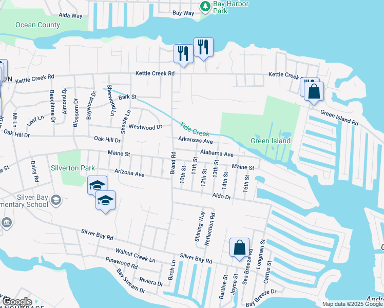 map of restaurants, bars, coffee shops, grocery stores, and more near 90 11th St in Toms River