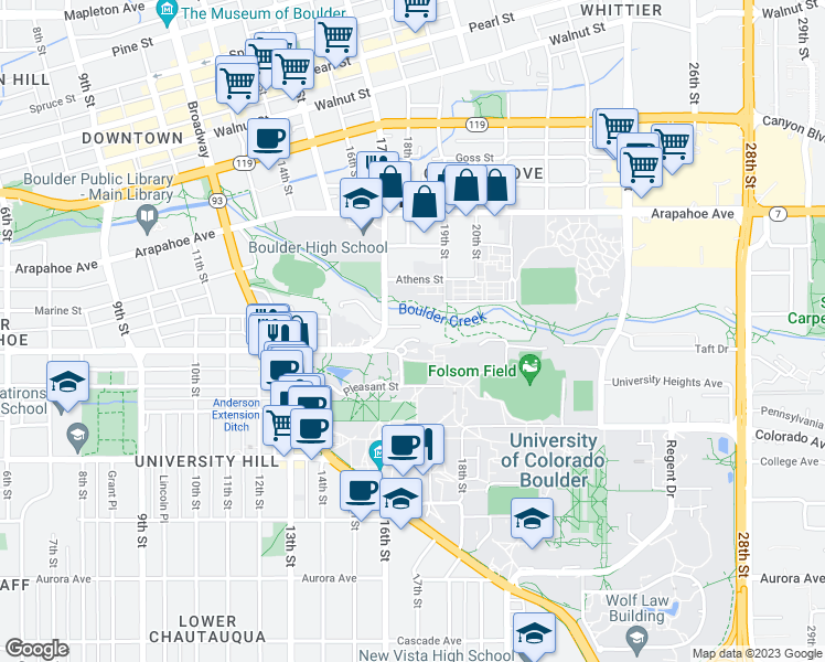 map of restaurants, bars, coffee shops, grocery stores, and more near 1710 Hillside Road in Boulder