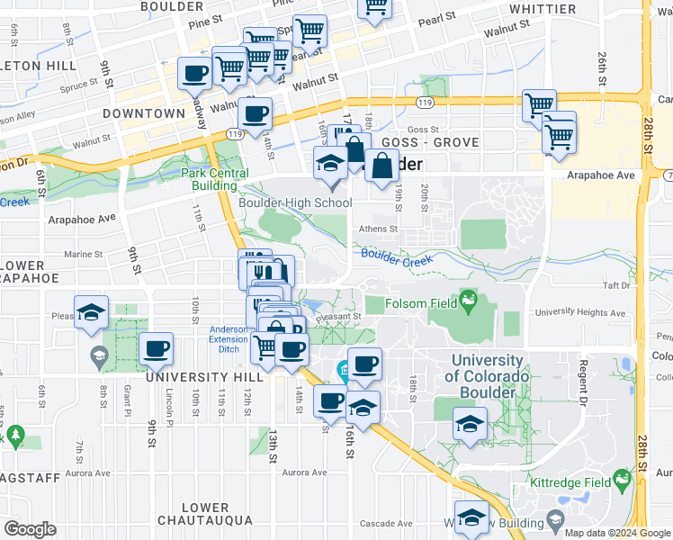 map of restaurants, bars, coffee shops, grocery stores, and more near 1670 Hillside Road in Boulder
