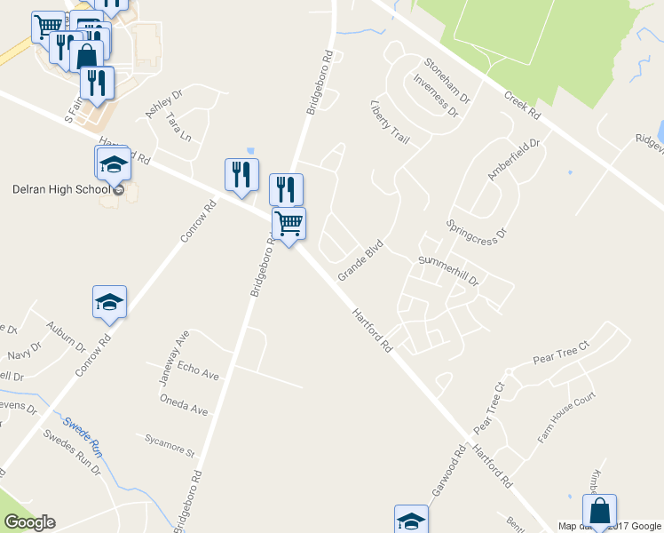 map of restaurants, bars, coffee shops, grocery stores, and more near 335 Huntington Drive in Delran