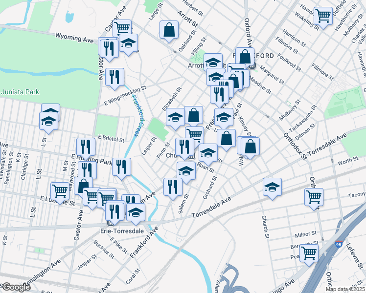 map of restaurants, bars, coffee shops, grocery stores, and more near 4283 Griscom Street in Philadelphia