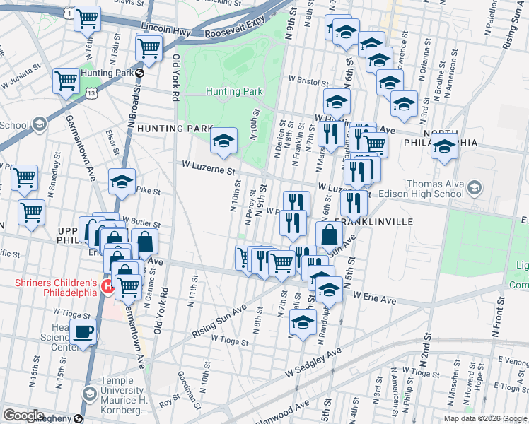 map of restaurants, bars, coffee shops, grocery stores, and more near 3851 North Percy Street in Philadelphia