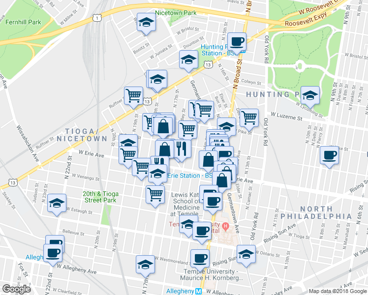 map of restaurants, bars, coffee shops, grocery stores, and more near 3742 North 16th Street in Philadelphia