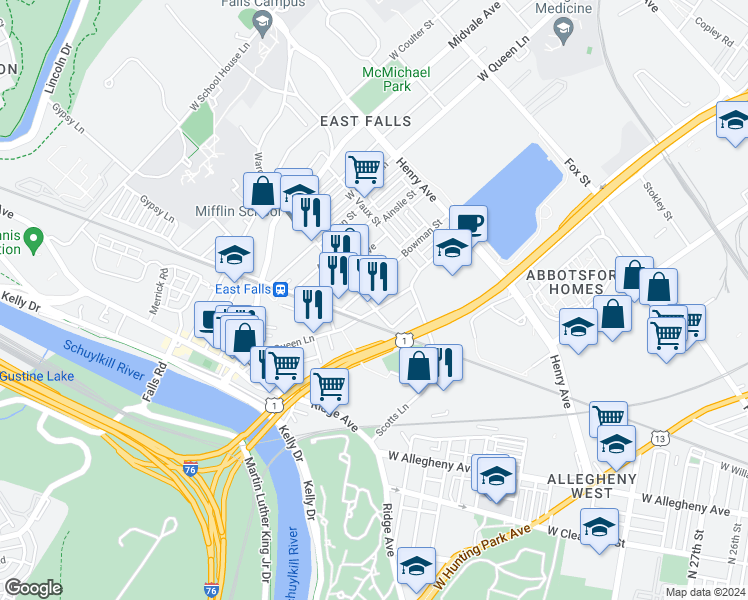 map of restaurants, bars, coffee shops, grocery stores, and more near in Philadelphia