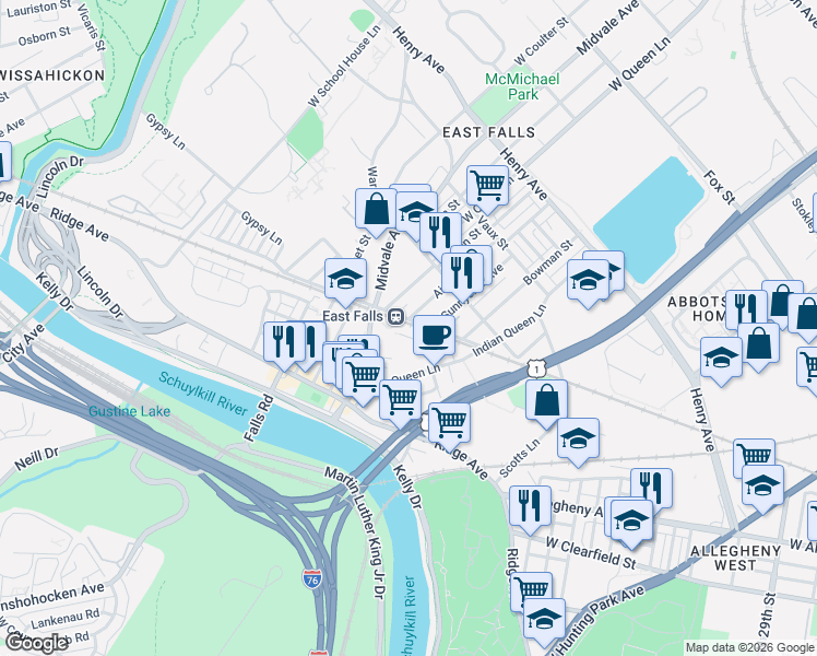 map of restaurants, bars, coffee shops, grocery stores, and more near 3361 Wiehle Street in Philadelphia