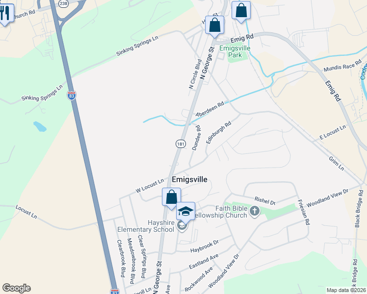 map of restaurants, bars, coffee shops, grocery stores, and more near 3059 Pennsylvania 181 in York