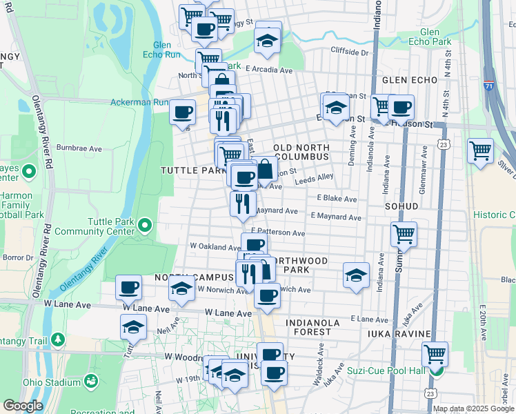 map of restaurants, bars, coffee shops, grocery stores, and more near in Columbus
