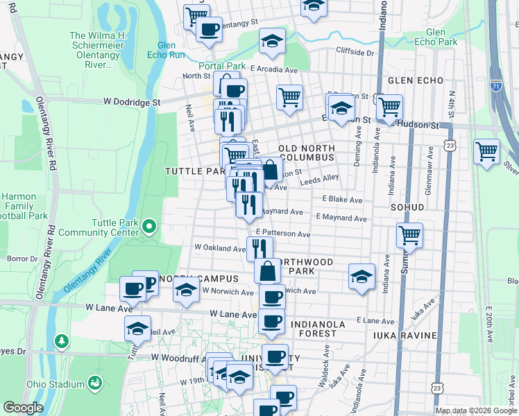map of restaurants, bars, coffee shops, grocery stores, and more near in Columbus