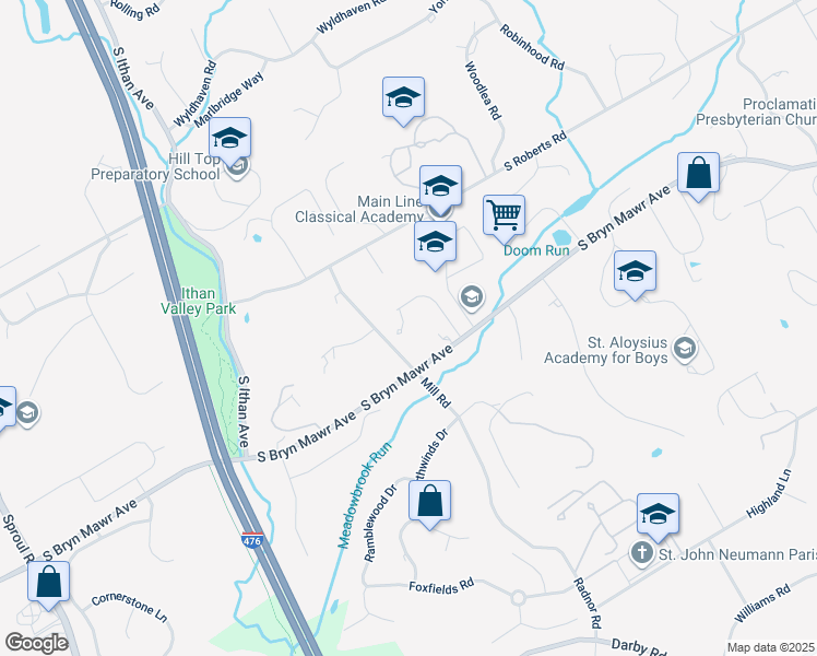 map of restaurants, bars, coffee shops, grocery stores, and more near 405 Barbara Lane in Bryn Mawr