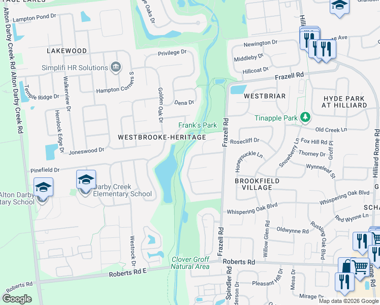 map of restaurants, bars, coffee shops, grocery stores, and more near 5976 Collier Hill Drive in Hilliard