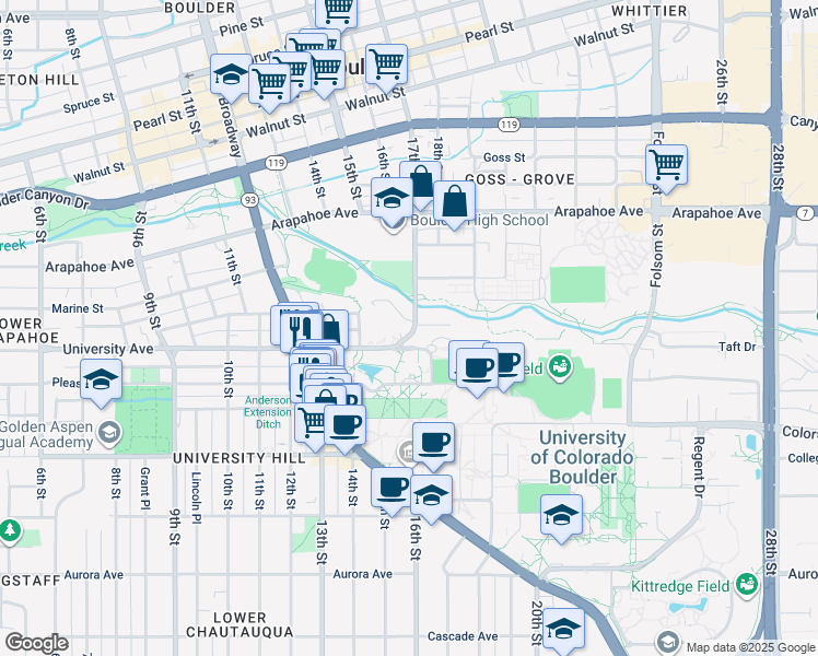 map of restaurants, bars, coffee shops, grocery stores, and more near 1670 Hillside Road in Boulder