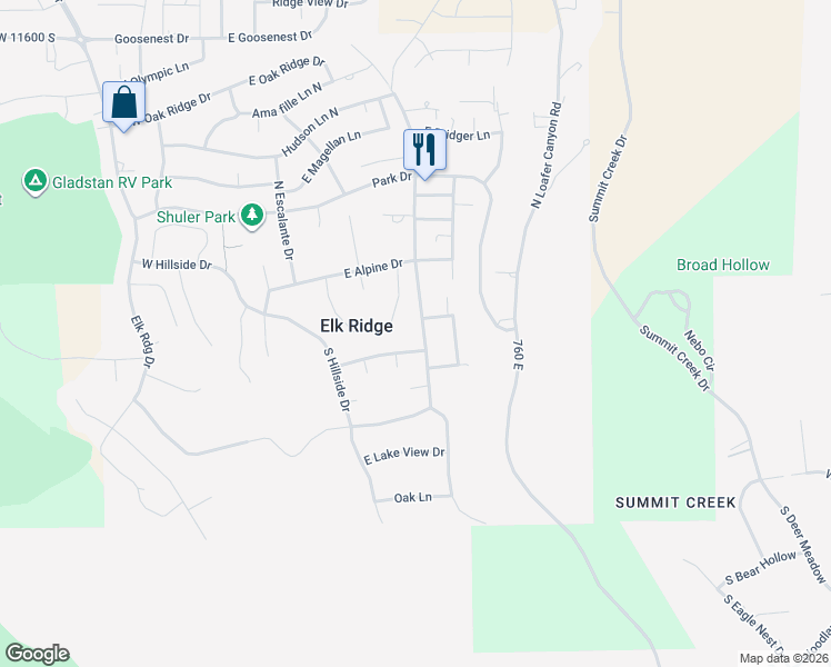 map of restaurants, bars, coffee shops, grocery stores, and more near 142 South Canyon View Drive East in Elk Ridge