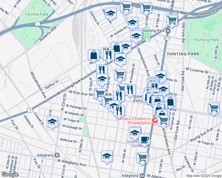map of restaurants, bars, coffee shops, grocery stores, and more near 3740 North 18th Street in Philadelphia
