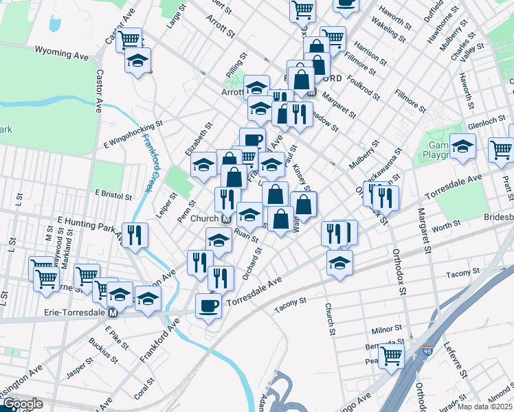 map of restaurants, bars, coffee shops, grocery stores, and more near 4324 Paul Street in Philadelphia