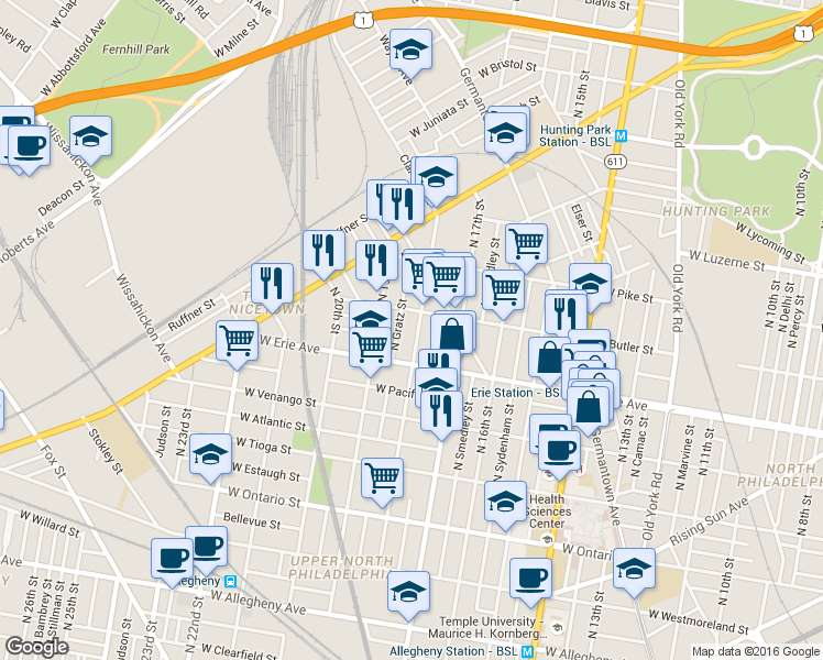map of restaurants, bars, coffee shops, grocery stores, and more near 3740 North 18th Street in Philadelphia