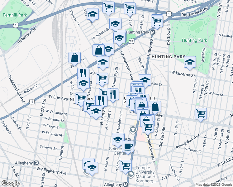 map of restaurants, bars, coffee shops, grocery stores, and more near 3742 North 16th Street in Philadelphia