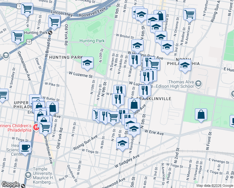 map of restaurants, bars, coffee shops, grocery stores, and more near 3903 North 7th Street in Philadelphia