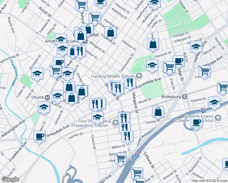 map of restaurants, bars, coffee shops, grocery stores, and more near in Philadelphia