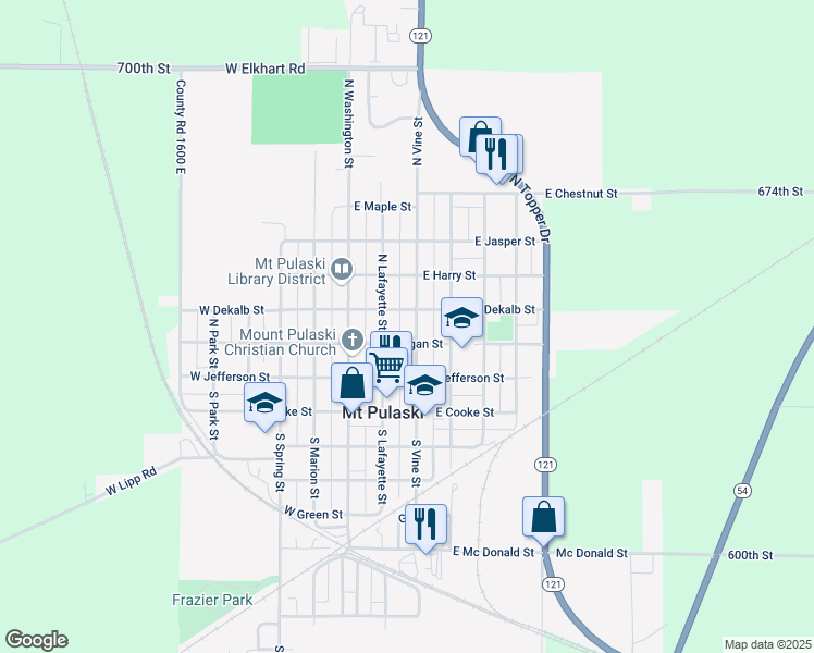 map of restaurants, bars, coffee shops, grocery stores, and more near in Mount Pulaski