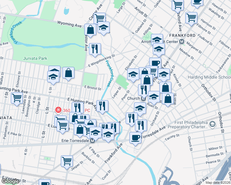 map of restaurants, bars, coffee shops, grocery stores, and more near 4226 Leiper Street in Philadelphia