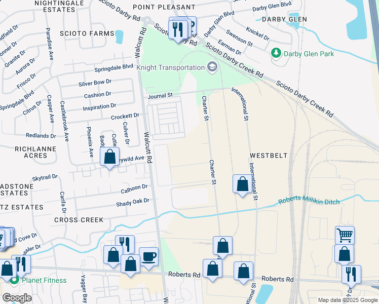 map of restaurants, bars, coffee shops, grocery stores, and more near 2865 Charter Street in Columbus