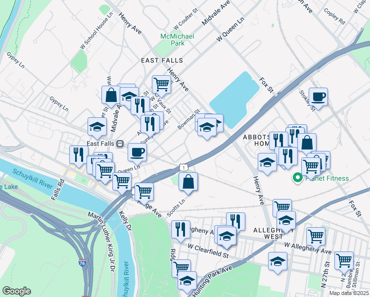 map of restaurants, bars, coffee shops, grocery stores, and more near 3301 Scotts Lane in Philadelphia