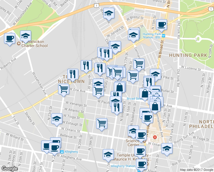 map of restaurants, bars, coffee shops, grocery stores, and more near 3743 North Gratz Street in Philadelphia