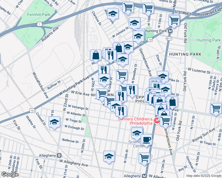 map of restaurants, bars, coffee shops, grocery stores, and more near 3743 North Gratz Street in Philadelphia