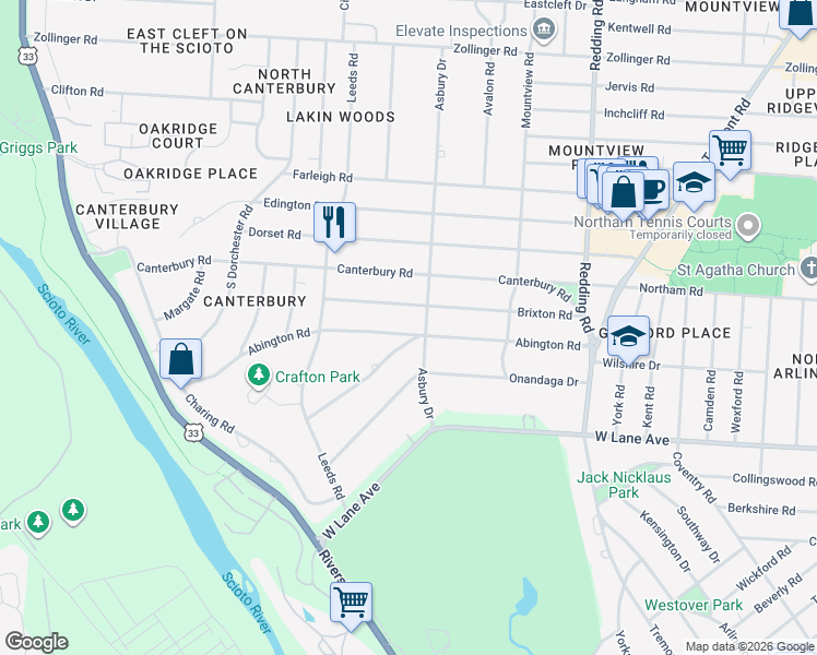 map of restaurants, bars, coffee shops, grocery stores, and more near 2470 Abington Road in Upper Arlington