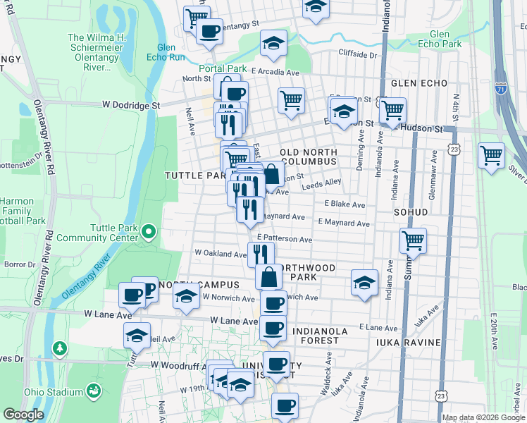 map of restaurants, bars, coffee shops, grocery stores, and more near 34 East Maynard Avenue in Columbus