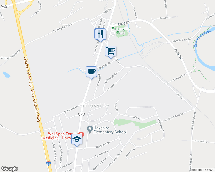 map of restaurants, bars, coffee shops, grocery stores, and more near 207 East Locust Lane in York
