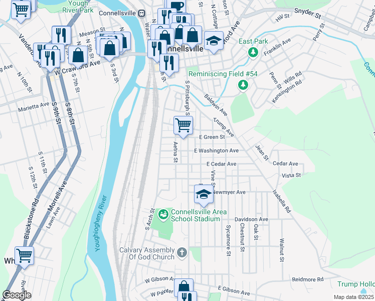 map of restaurants, bars, coffee shops, grocery stores, and more near 108 West Washington Avenue in Uniontown