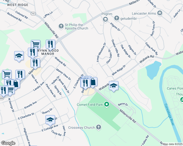 map of restaurants, bars, coffee shops, grocery stores, and more near 165 Oak Knoll Circle in Millersville