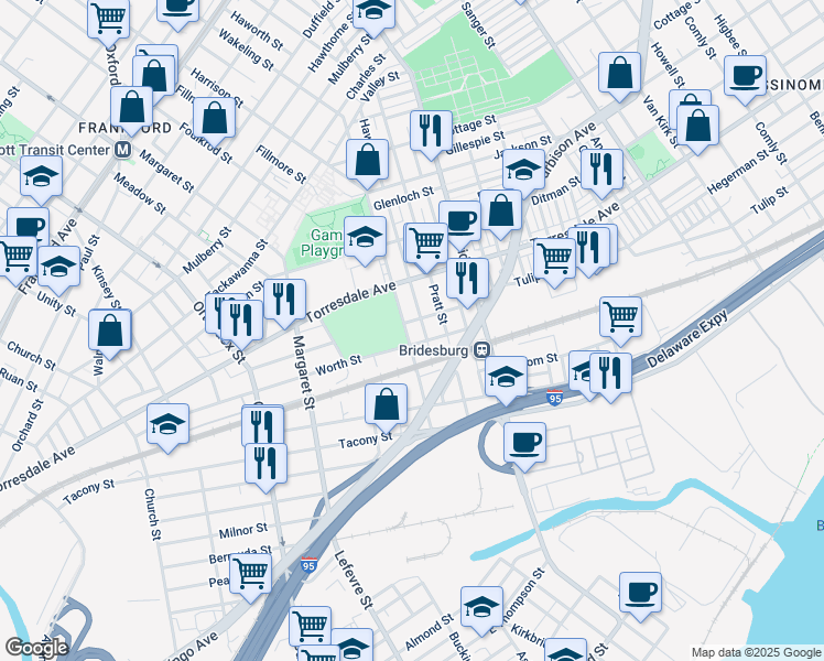 map of restaurants, bars, coffee shops, grocery stores, and more near 2141 Wakeling Street in Philadelphia