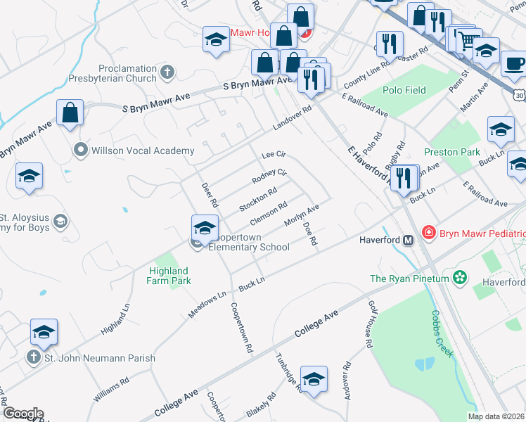 map of restaurants, bars, coffee shops, grocery stores, and more near 128 Clemson Road in Bryn Mawr